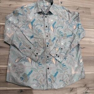 Tasso Elba Blue and white striped button-up shirt with floral pattern sz XL